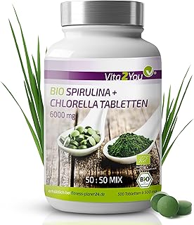 Vita2You Bio Chlorella + Spirulina Tabletten 500mg - 500 Tabletten - Laborgeprüft - Hochdosiert - Algen ohne Zusätze - Premium Qualität
