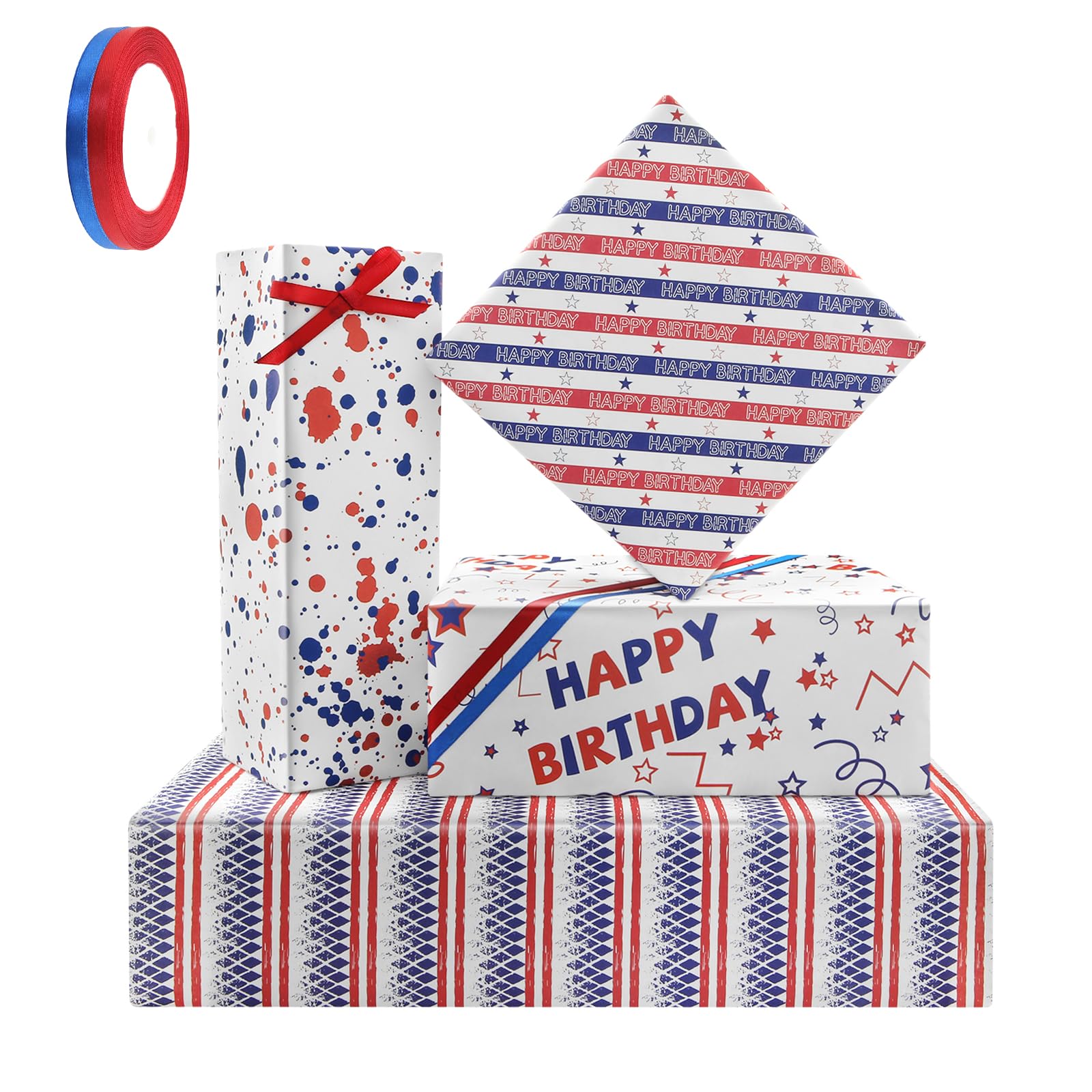 Patriotic Birthday Wrapping Paper,4 Sheets Red White and Blue Gift Wrapping Paper Striped Star Craft Papers with Red and Blue Ribbon for July USA Independence Day French Bastille Day 70 x 50cm