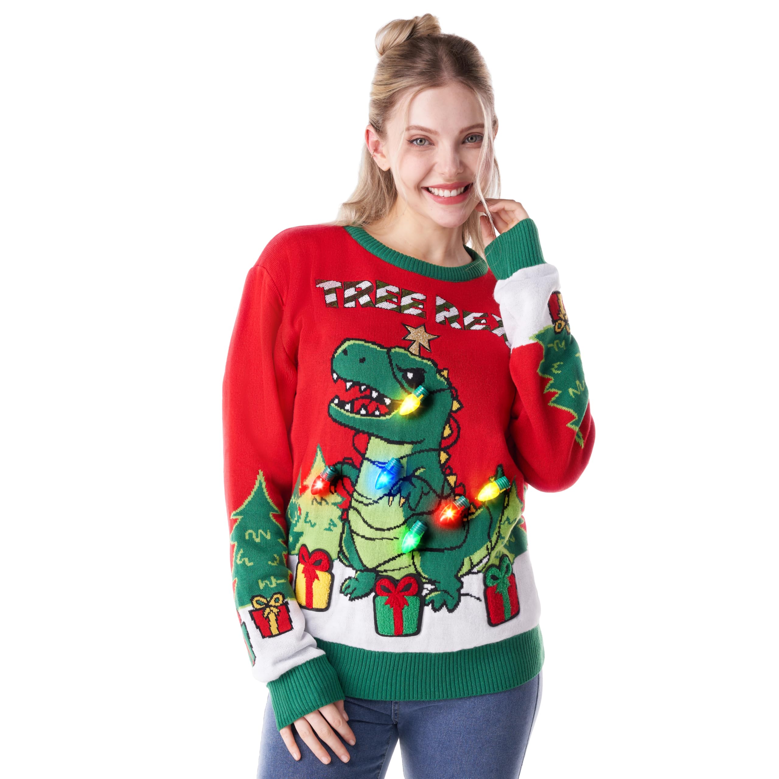 Giggling Getup Women’s Ugly Christmas Sweater, Women LED Light Up Xmas Dinosaur Pullover, Holiday Knitwear for Women-M Red and Green