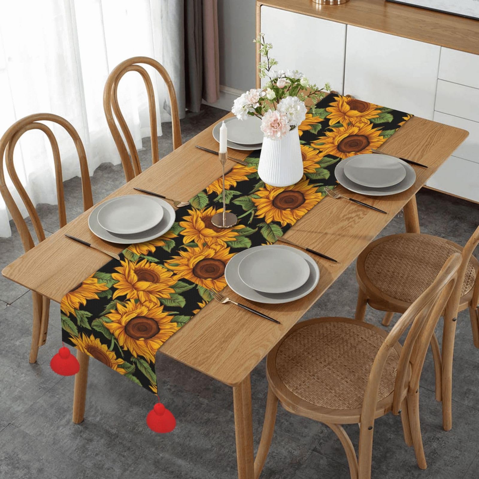 Chemin de table en lin haut de gamme motif tournesol pour décoration de cuisine raffinée
