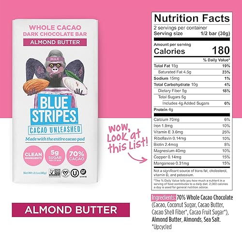 Miniatura 3 de Blue Stripes Barra de chocolate negro con mantequilla de almendras y cacao entero, 2.1 onzas