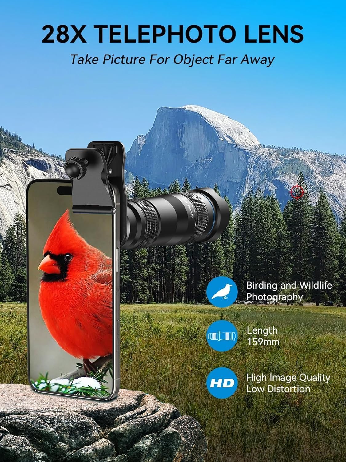MIAO LAB 28X HD Telephoto Lens for iPhone/Samsung/Android, High Power Telephoto Camera Lens with Universal Clip Compatibility Most Smartphone