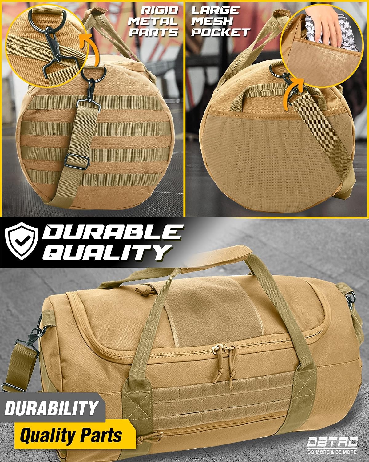 DBTAC 40L Tactical Gym Bag for Men | Military Heavy Duty Duffle Bag with Adjustable Strap for Gym Workout Fitness, Basketball Soccer Sport Training & Weekend Travel, Brown
