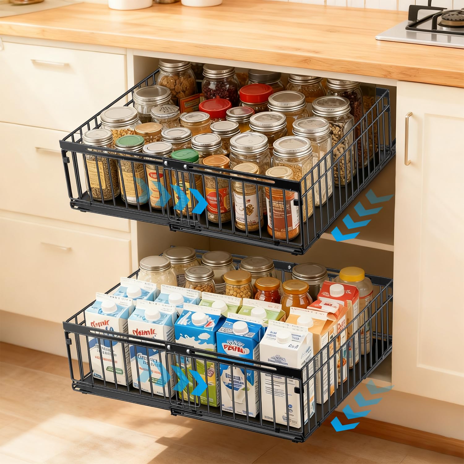 Lot de 2 Tiroirs Coulissants pour Placard de Cuisine - Organisateur de Rangement Coulissant Extensible, Largeur Réglable de 30 à 51 cm, Sans Perçage, Universel pour Cuisine, Salle de Bain, Dressing