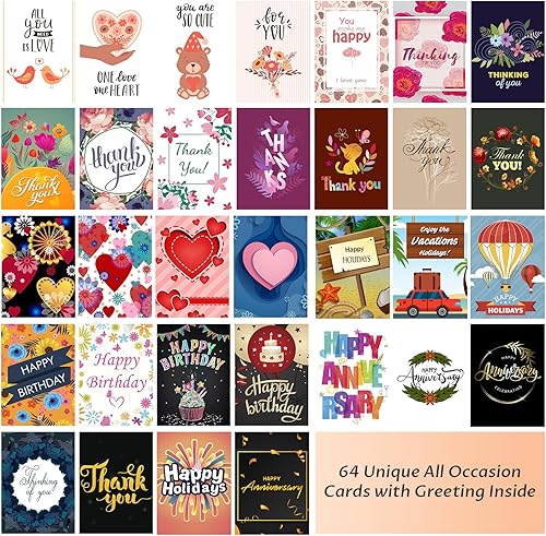 Miniatura 2 de Caja surtida de 64 tarjetas para todas las ocasiones con sobres y calcomanías, tarjetas de felicitación surtidas de 5 x 7 pulgadas con mensaje