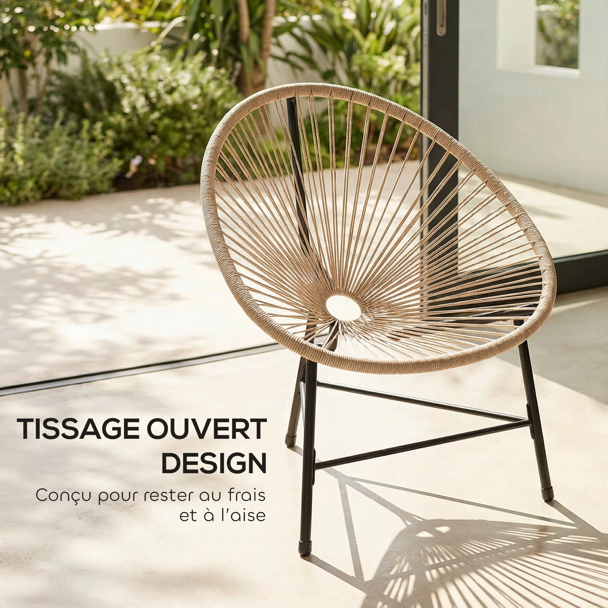 Outsunny Lot de 2 Fauteuils de Jardin Acapulco Résine Tressée, Structure Triangulaire en Acier, Chaise de Jardin pour Plage Balcon Terrasse, Charge 120 kg, 72x68x81cm, Naturel