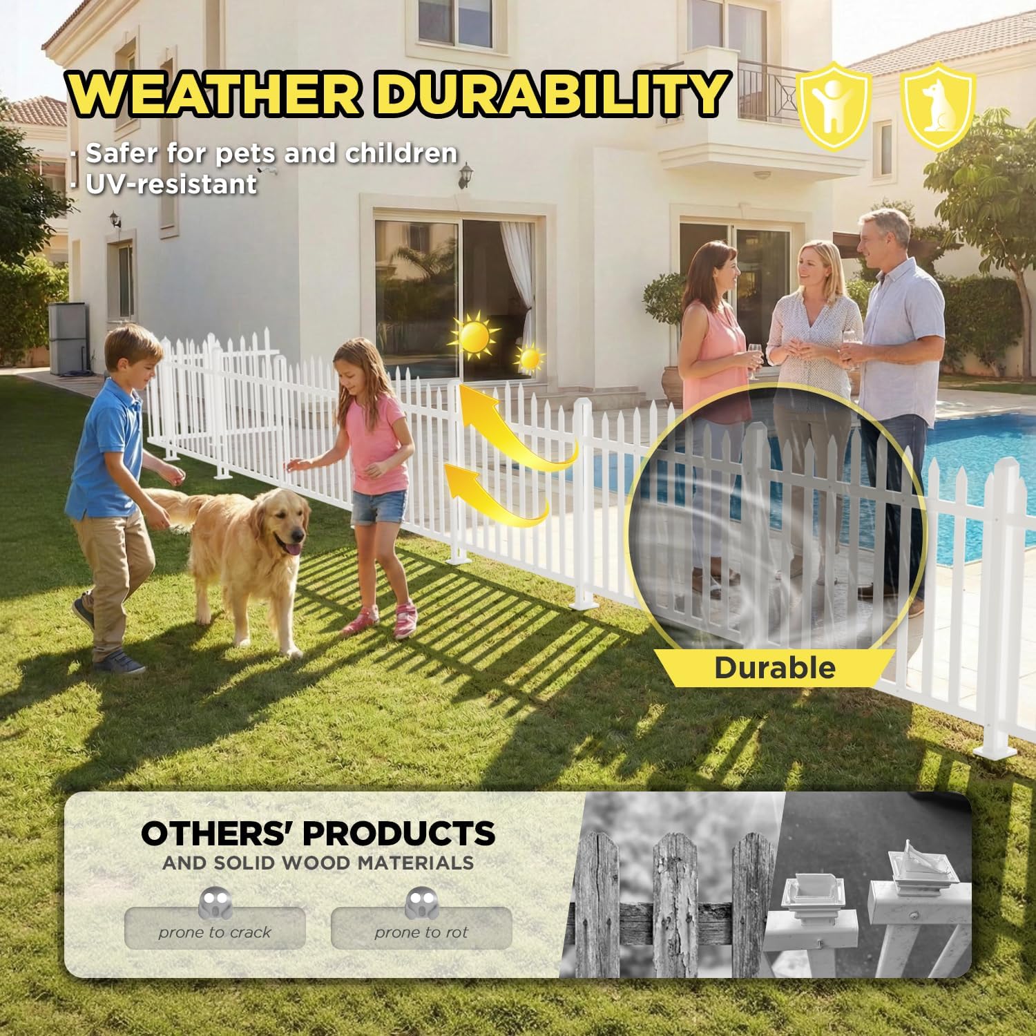 White Picket Fence 7ft W x 3ft H (1Set) Vinyl Fence Panels, Outdoor Garden Fences for Patio Backyard Borders, Dog Rabbit Fences, Temporary Pool Fencing, Scallop-20 Pickets