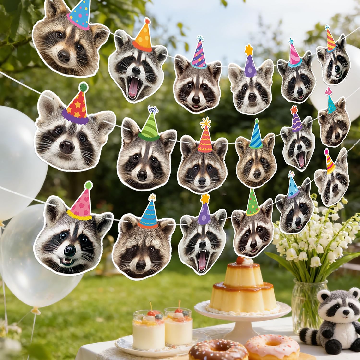 3 PCS Raccoon Birthday Banner Garland Decorations, Pre-Strung Funny Raccoon Party Banner for Birthday, Baby Shower, Woodland Animal Party Decor