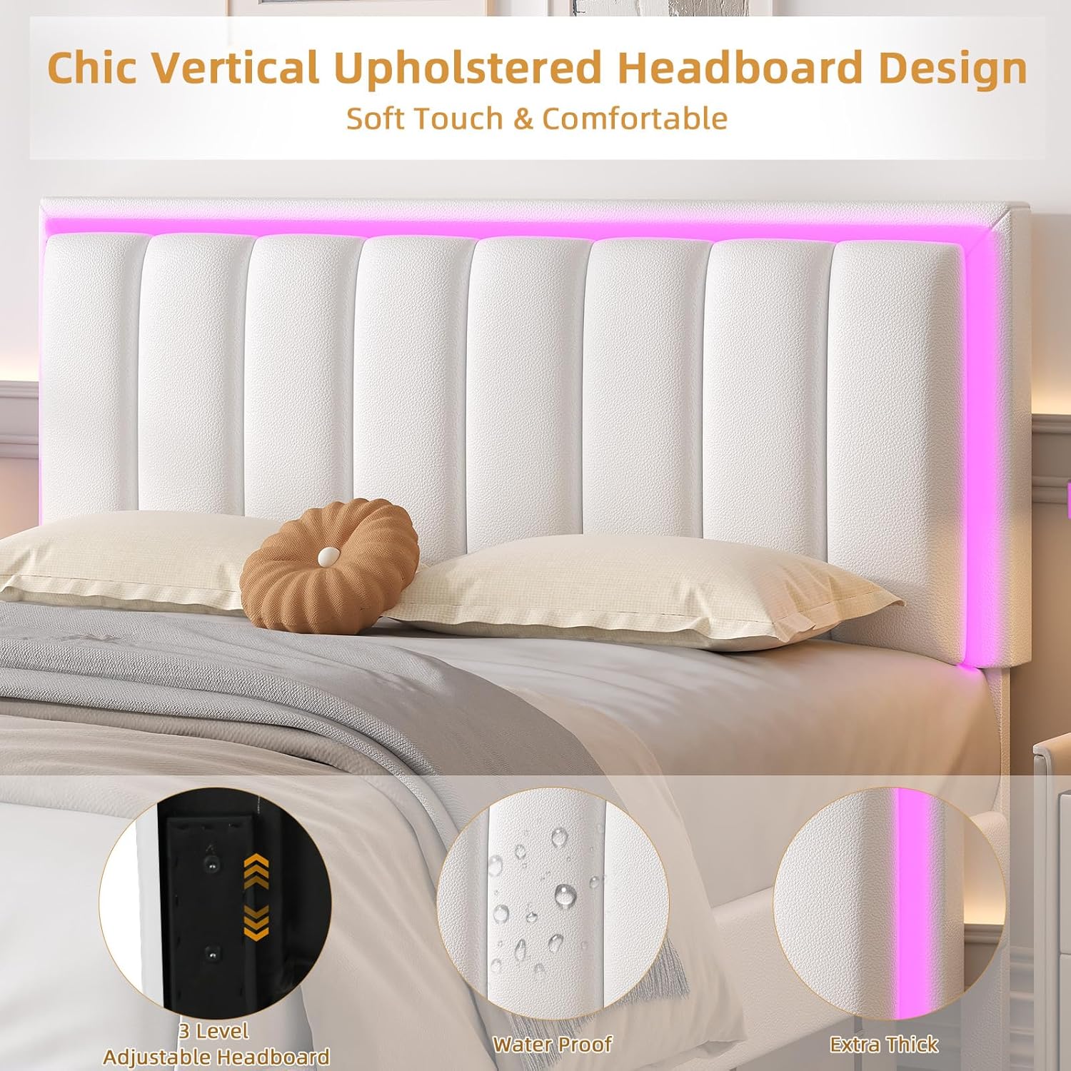 Full Size Bed Frame with LED Lights, Upholstered Bed Frame Full Size, Full Bed Frame with Headboard, No Box Spring Needed, Noise-Free, Easy Assembly, White