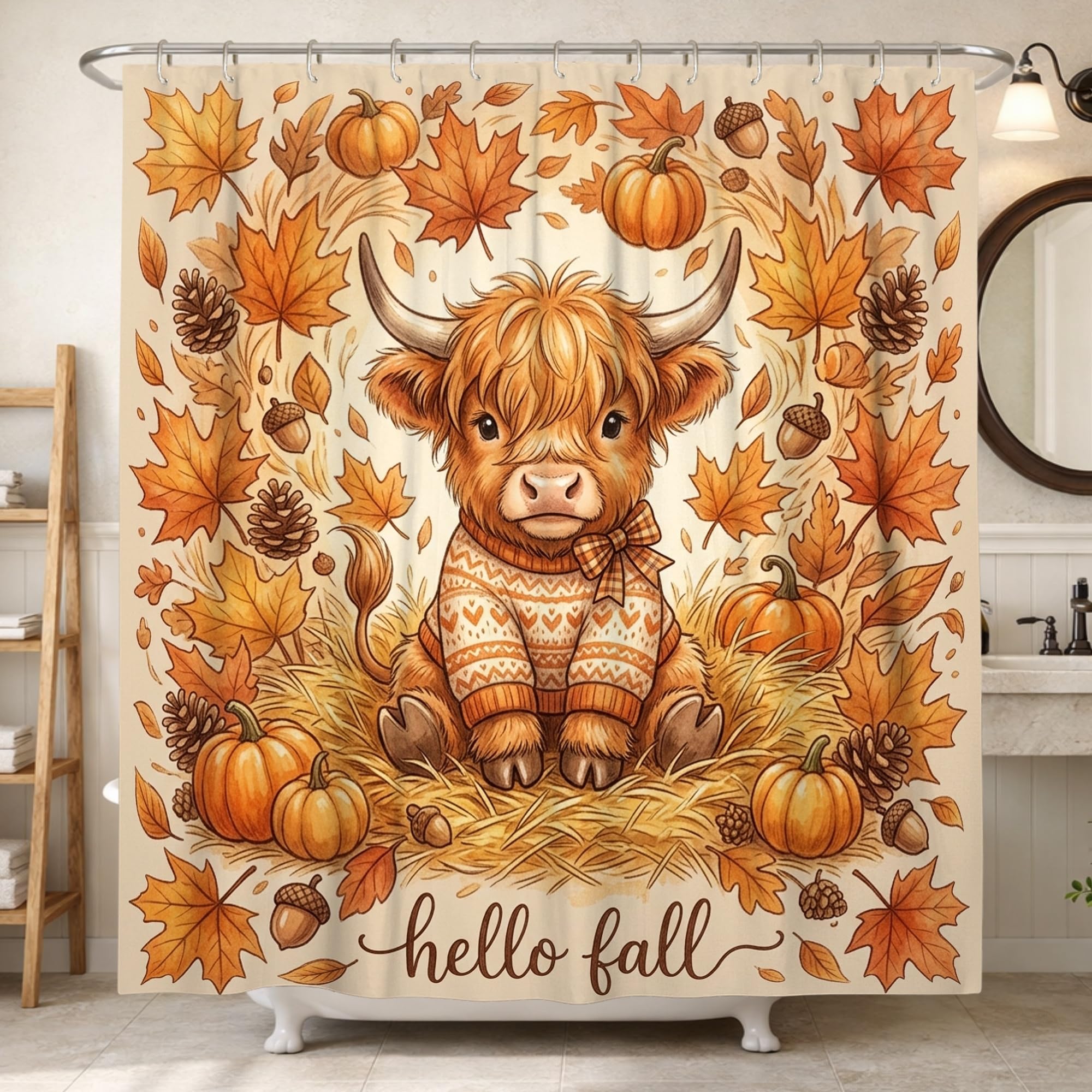 Rideau de douche rustique vache et citrouilles d'automne lavable 183x213cm