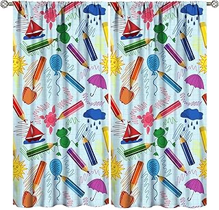 Kids Cartoon Pencil Curtains Colorful Nursery Bedroom Decor Cute Crayon Blackout Rod Pocket Curtain for Child Girls Playroom Funny Art Printed Living Room Window Drapes 2 Panel Set 42x63in