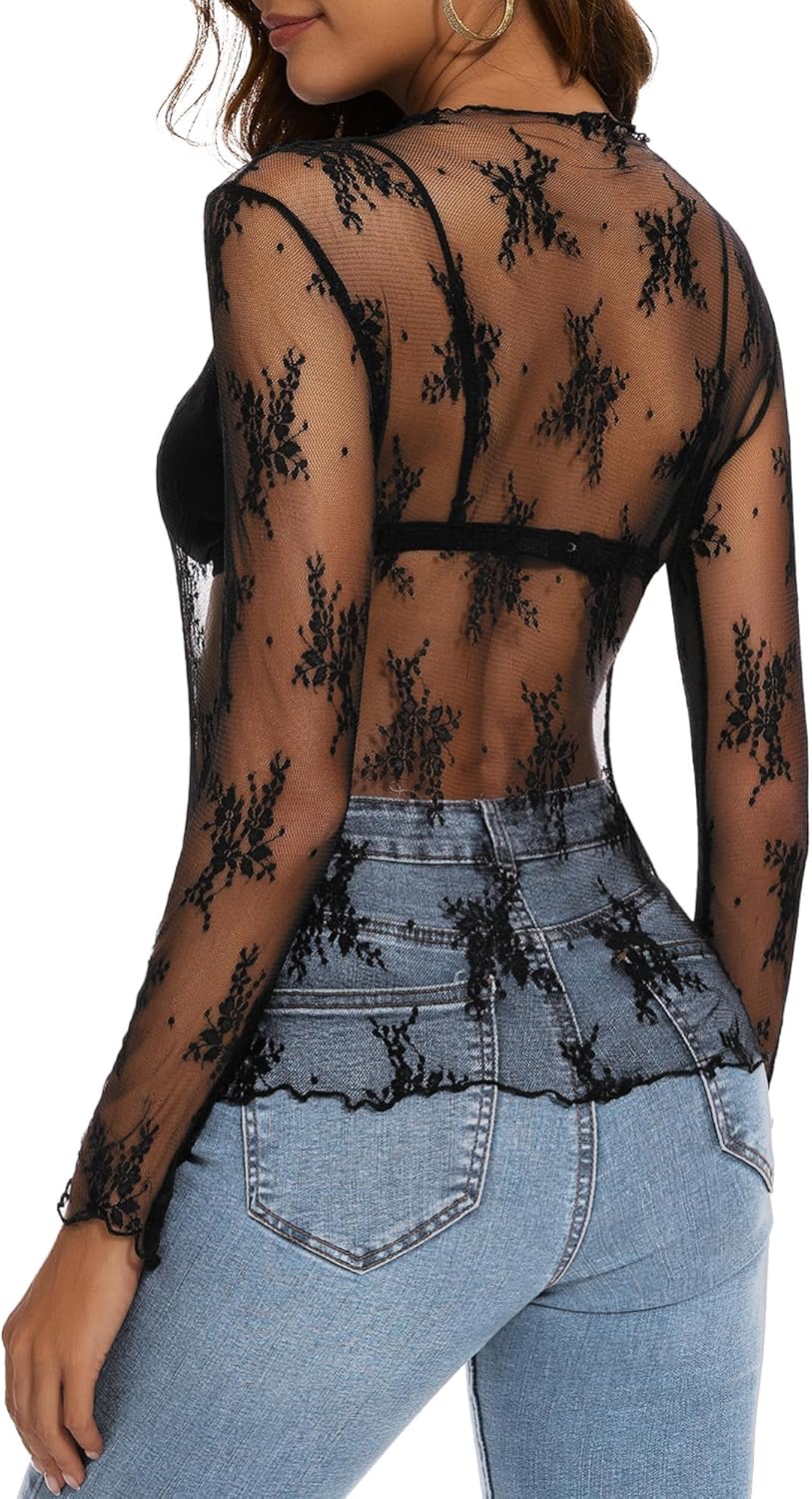Womens Lace Mesh Long Sleeve Top Floral Sheer See Through Sexy Tops Mock Neck Shirts Party Club Night Blouses - Image 3