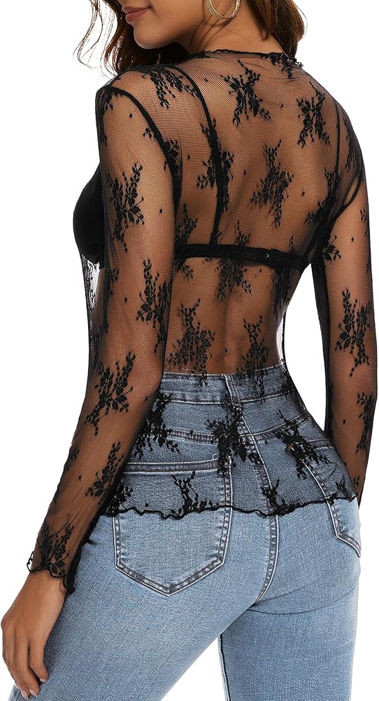 ETOSELL Womens Lace Mesh Long Sleeve Tops Floral Sheer See Through