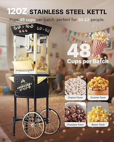 Miniatura 3 de Carrito de máquina de palomitas de maíz mejorado de 12 onzas, máquina para hacer palomitas de maíz con hervidor de acero inoxidable que hace hasta