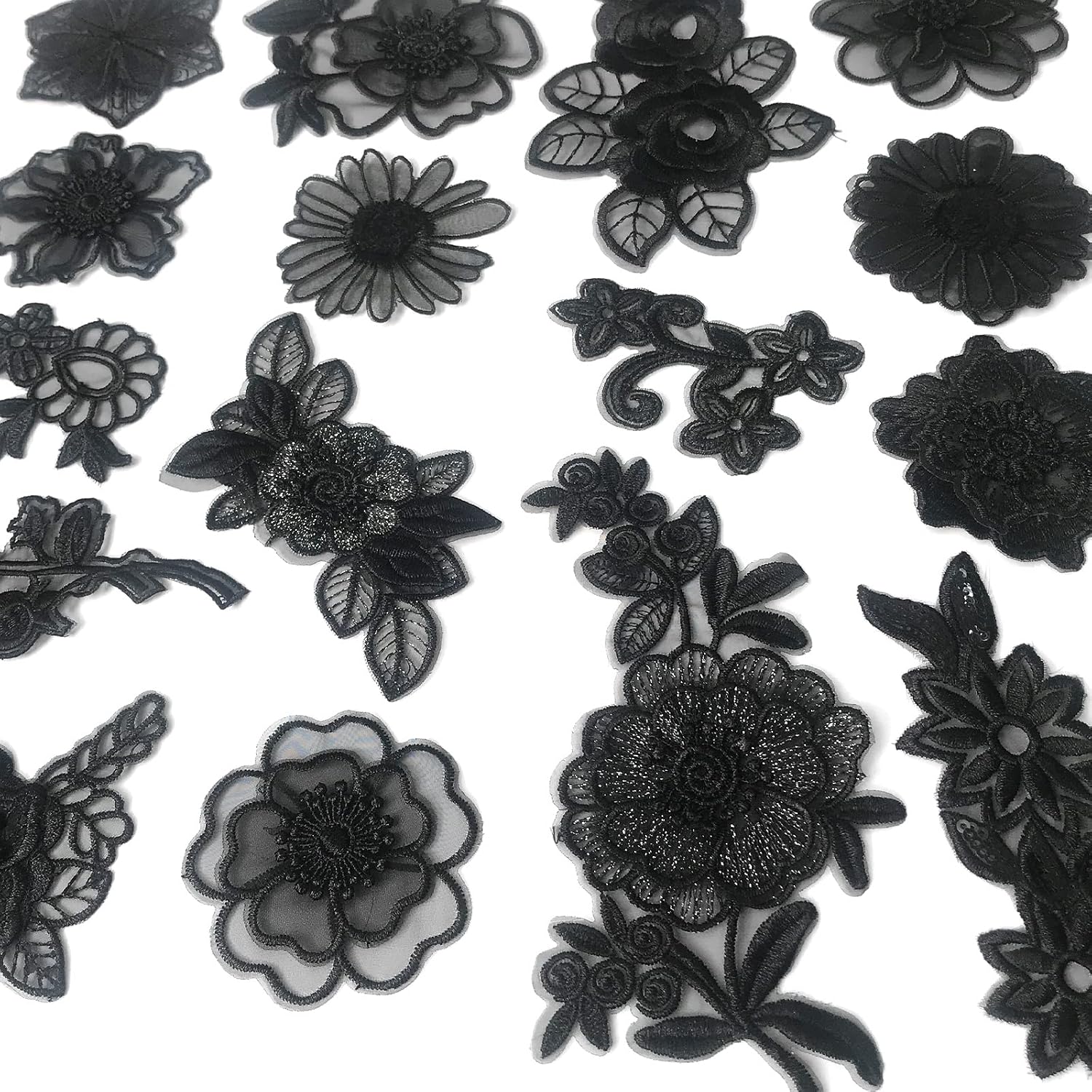 16PCS Black Mixed Style Embroidery Lace Flower and Butterfly Patches Appliques DIY Sewing Craft for Decoration, Sew On Patches for Repairing and Decorating