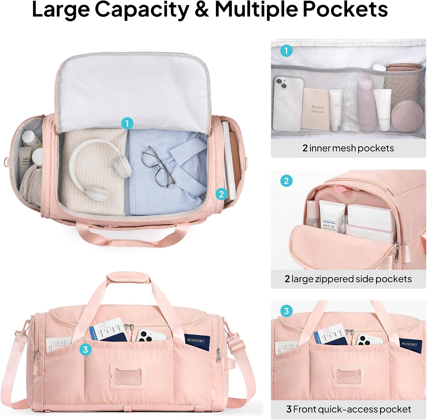  Foldable Duffle Bag for Travel, Large Travel Duffel Bags for Women | 4 in 1 Travel Backpack, Carry on Weekender Bags for Women Travel, 40L Capacity, Multi-Pocket, Water-resistant, Pink thumbnail