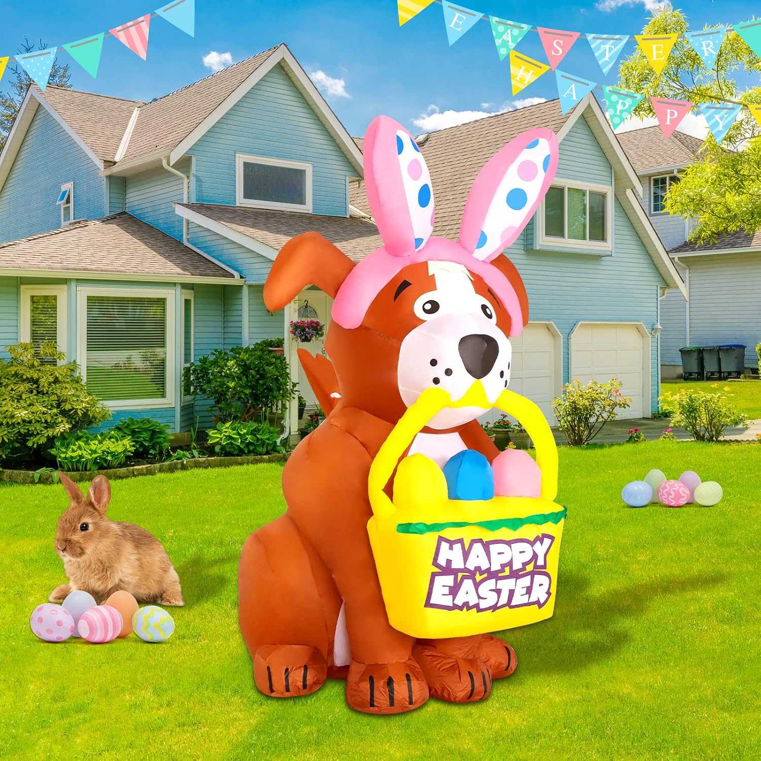GOOSH Easter Inflatables Outdoor Decorations, Dog Blow Up Yard Decorations 5FT Easter Decor with LED Lights for Easter Party Yard Garden Lawn