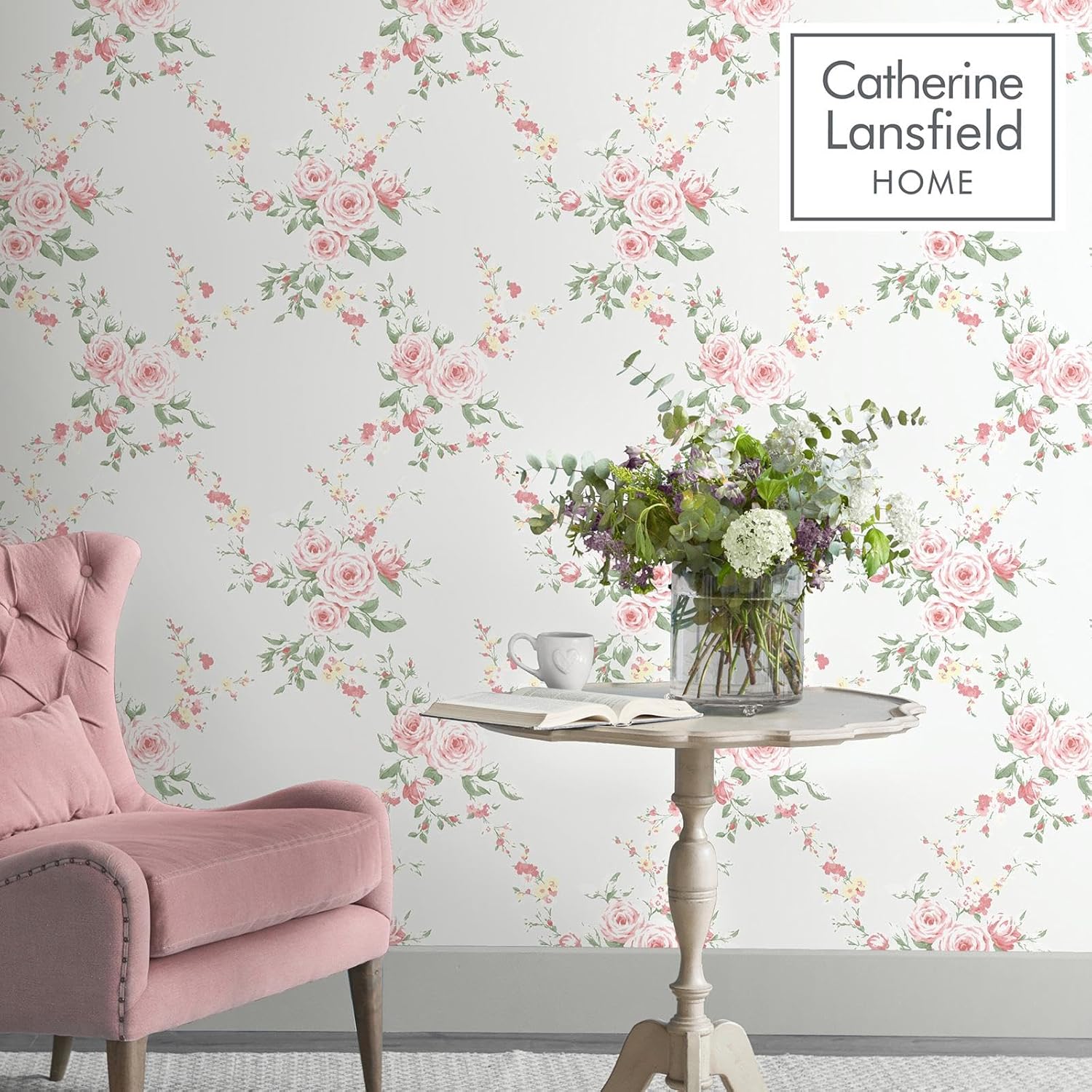 Catherine Lansfield Canterbury Floral Wallpaper Red/Grey Muriva 165506