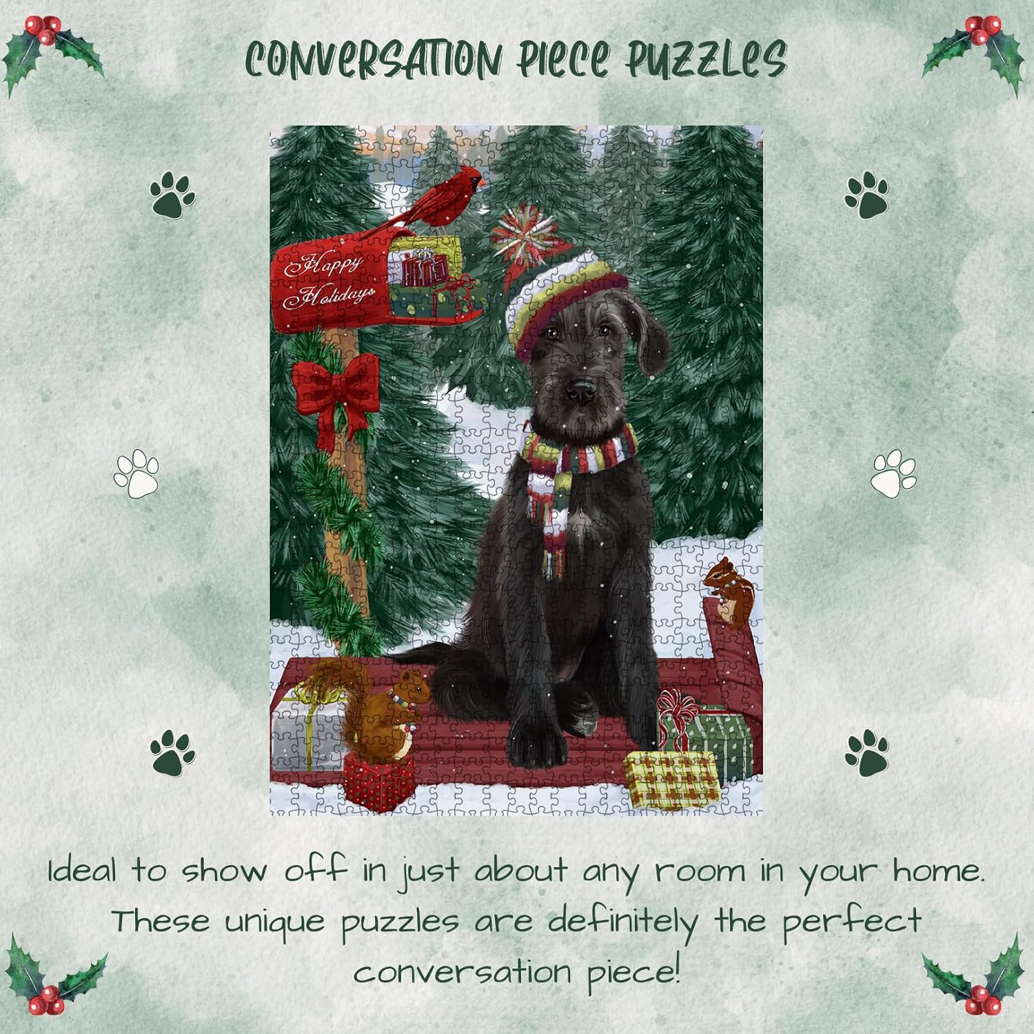 Merry Christmas Woodland Sled Wolfhound Dog Jigsaw Puzzle for Adults - Animal Printed Interlocking Puzzle Game Artwork - Gift for Dog Lover's - 1000 Pcs 29.5"x19.7", PZLE61187