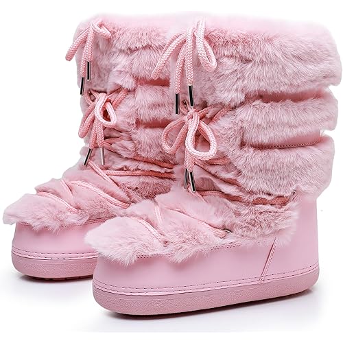 Furry Faux Fur Boots for Women - Fuzzy Winter Snow Boots - Fluffy Black White Pink Fur Boots - Lace-up Mid-Calf Water-Resistant Platform Boots