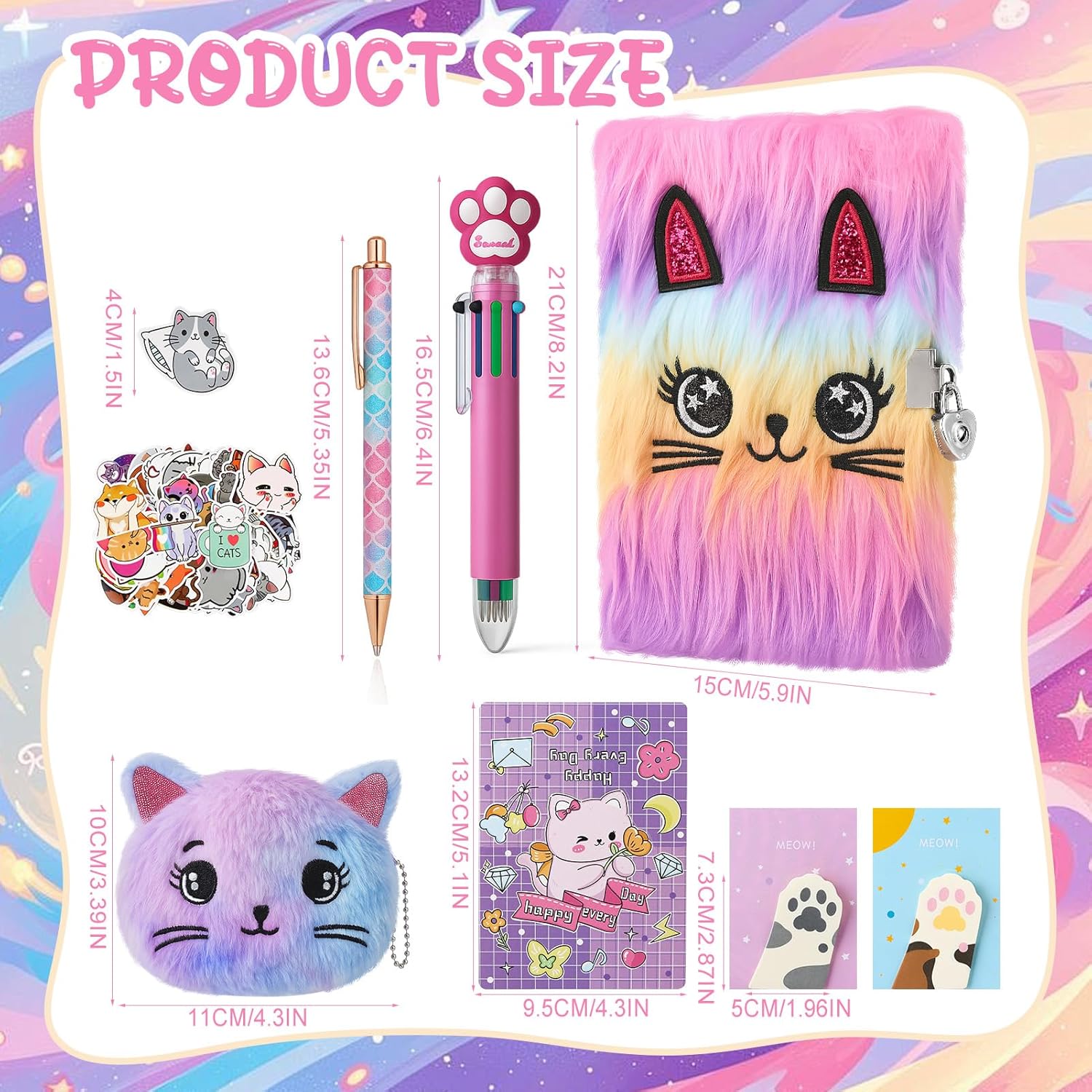 Cat Diary with Lock for Girls, Plush Secret Diary Journal Notebook for Kids with Coin Purse, Multi Color Pen, Sticky Notes, Stickers, Cute Fuzzy Stationary Gifts DIY Journal Kit for Girls Ages