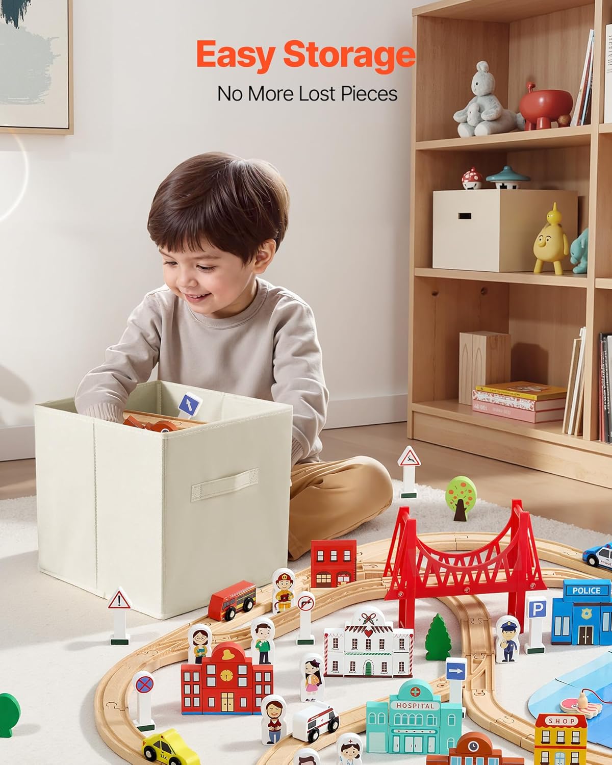 VEVOR 113PCS Wooden Train Set, for Kids Ages 3-8, Wood Train Track Toy with Storage Box, City Scene Railway Playset, Compatible with Major Brands, Christmas Birthday Toy for Toddlers Boys and Girls