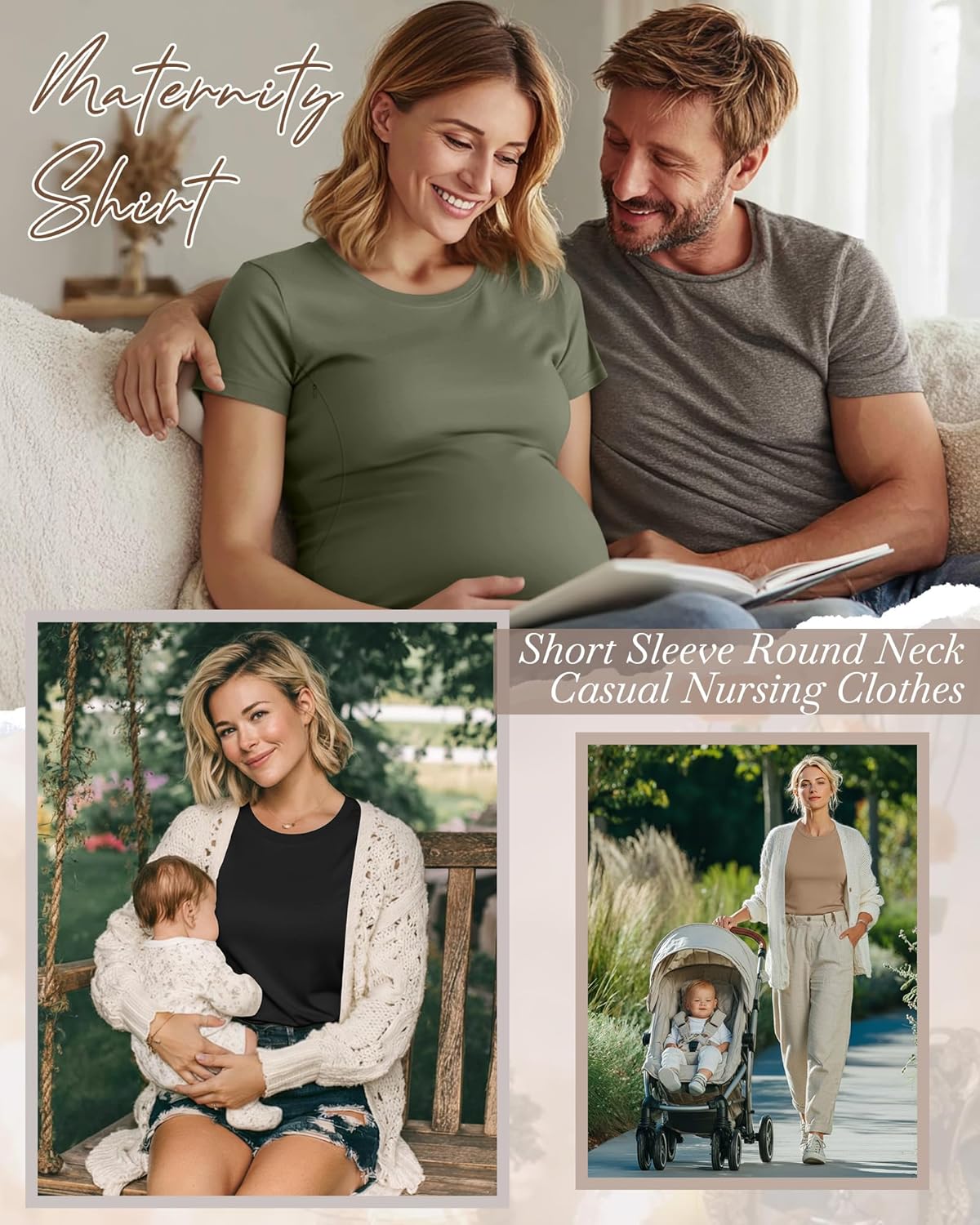 3 Pack Women's Nursing Shirts for Breastfeeding with Zippers Maternity Loose Short Sleeve Tops Pregnancy Clothes