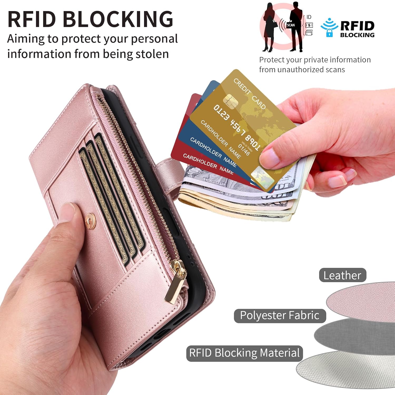 Asuwish Phone Case for Samsung Galaxy S22 Ultra 5G Wallet Cell Cover with Tempered Glass Screen Protector RFID Blocking Strap Flip Card Holder Slot S22ultra 22S S 22 S22ultra5g 6.8 Women Men Rose Gold