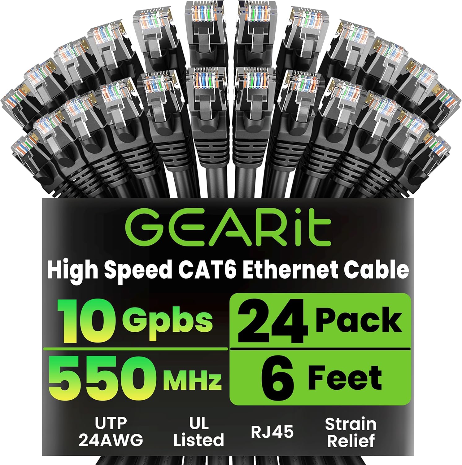 GEARit 24-Pack 6ft Cat6 Ethernet Cables - 10Gbps RJ45 Patch Cables, Snagless Gold-Plated Connectors for PC, Router, TV - Black