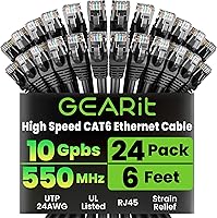 GEARit 24-Pack 6ft Cat6 Ethernet Cables - 10Gbps RJ45 Patch Cables, Snagless Gold-Plated Connectors for PC, Router, TV - Black