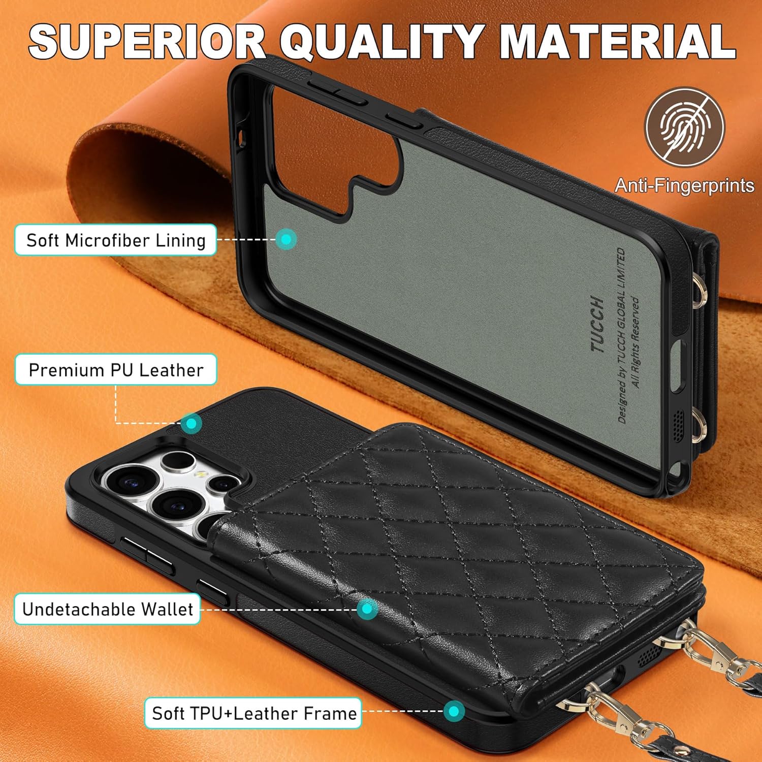 TUCCH Crossbody Wallet Case for Galaxy S25 Ultra, RFID Blocking [6 Card Slots][Detachable Lanyard], Magnetic Closure Flip Wallet PU Leather Shockproof Phone Cover for Galaxy S25 Ultra, Black Argyle