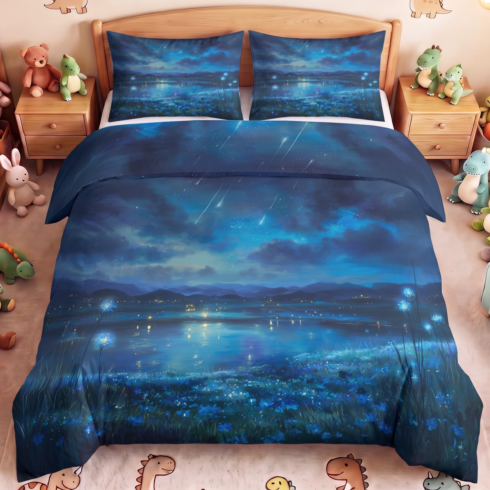 Generisch Pościel 200 x 220 cm, 3-częściowy zestaw pościeli dla dzieci, z mikrofibry, z zamkiem błyskawicznym, łąki, jezioro, popularna, miękka, dla chłopców i dziewczynek, niebieska pościel z 2