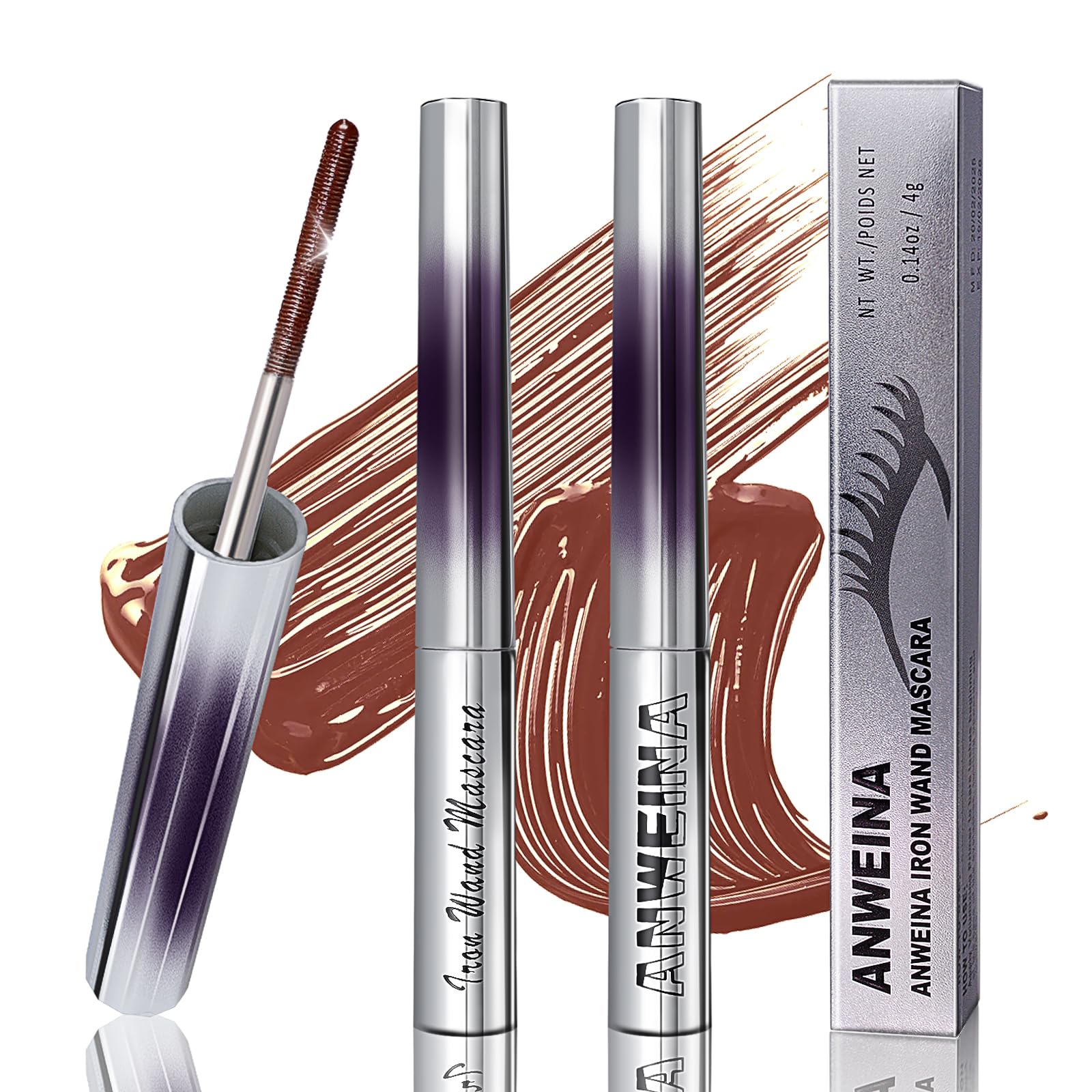 2Pcs Iron Wand Mascara, Metal Mascara Wand, Black Washable Metal wand mascara, 3d Curling Eyelash, Added Fiber, Waterproof Natural Length Slim Volume Building, Long-Lasting Smudge-Proof (Brown)