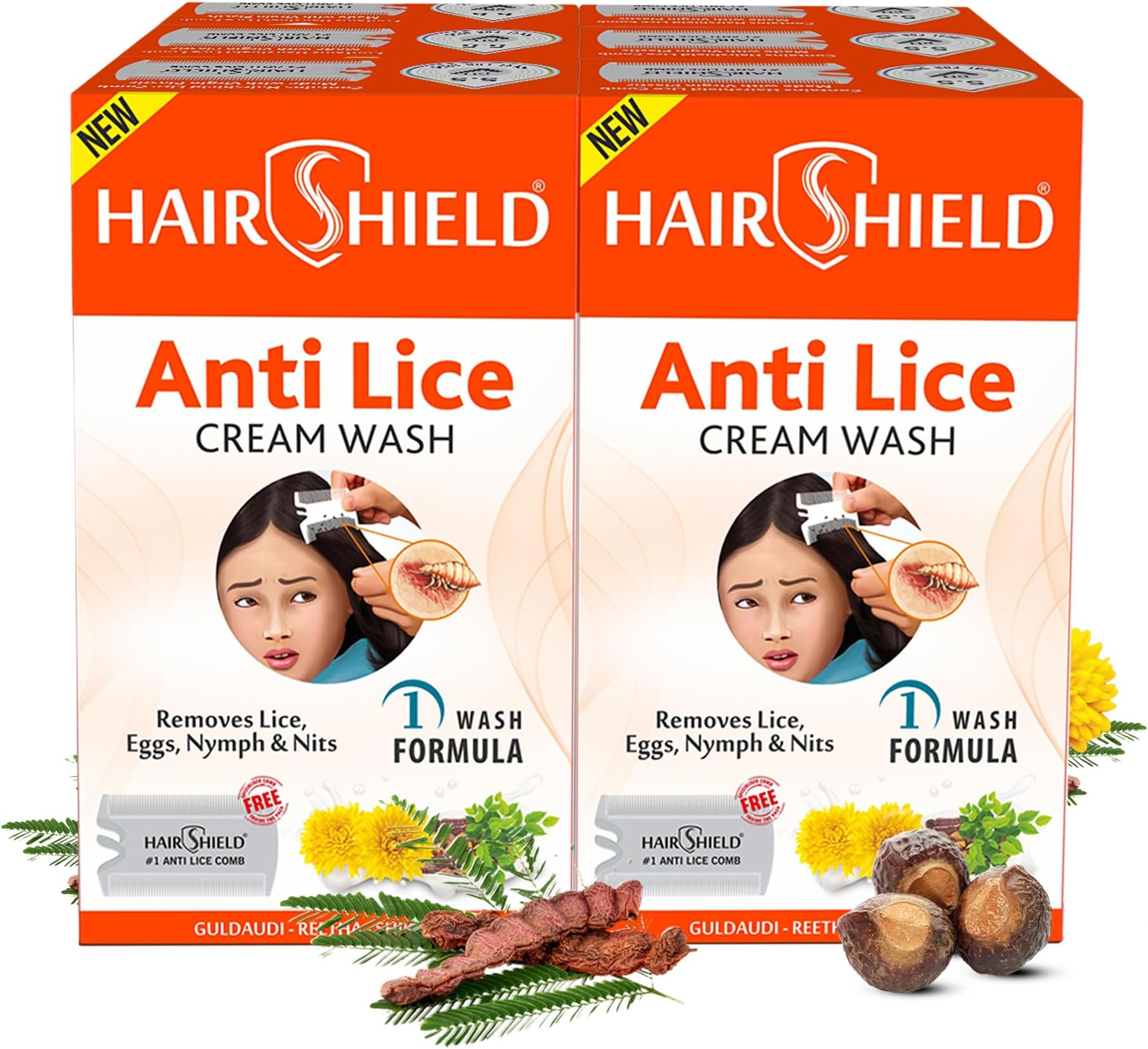 Hairshield Anti Lice Cream Wash (New Pack of 6 x 30ml) | Each Pack with New Big Lice Specialist Comb | Made with Guldaudi, Reetha & Shikakai | Effective for Kids, Men & Women | 1 Wash Formula