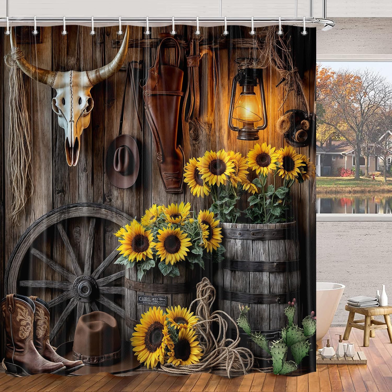 Farmhouse Western Shower Curtain, Rustic Country Cowboy Barn Door Bath Curtain Set, Brown Southwest Cowboys Boots Hat Bull Sunflowers Bathroom Decor Accessories with Hooks 70X84IN