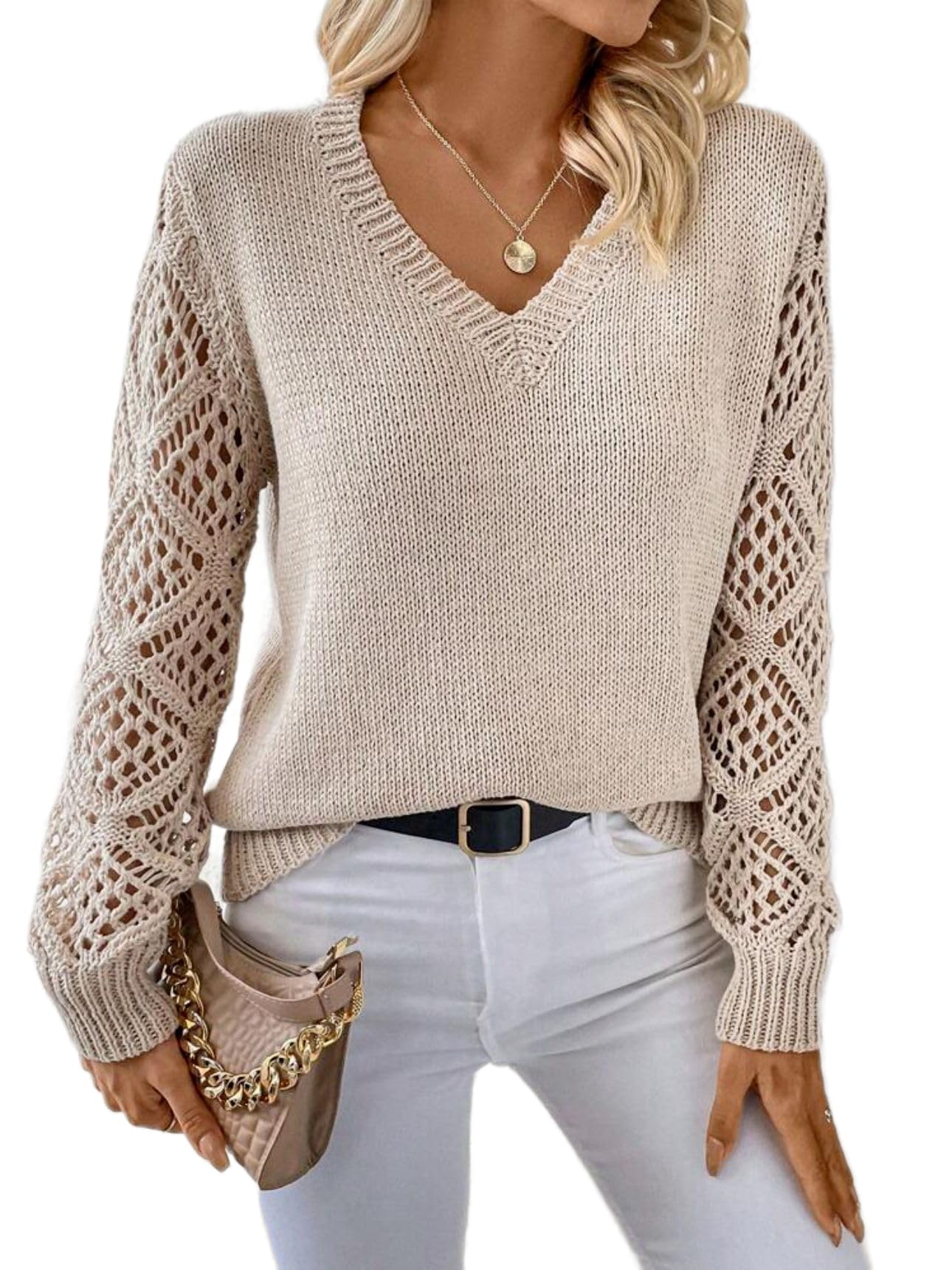 TIAFORD Womens Fall Long Sleeves Sweater V Neck Crochet Top Casual Cutout Hollow Cable Knit Pullover Sweaters