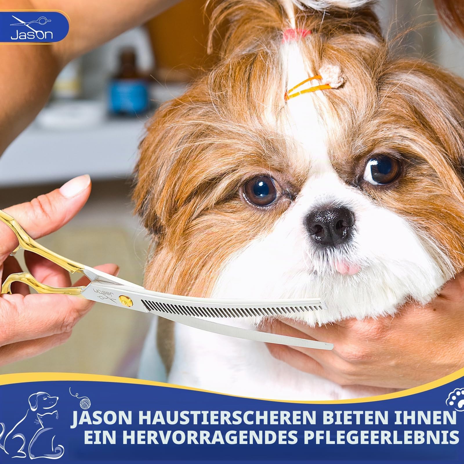 JASON 7.5 Zoll gebogene Effilierschere für Hunde - 43 Zähne professionelle abwärts gebogene Hundeschere aus japanischem 440C-Edelstahl Fellschere mit symmetrischem Griff