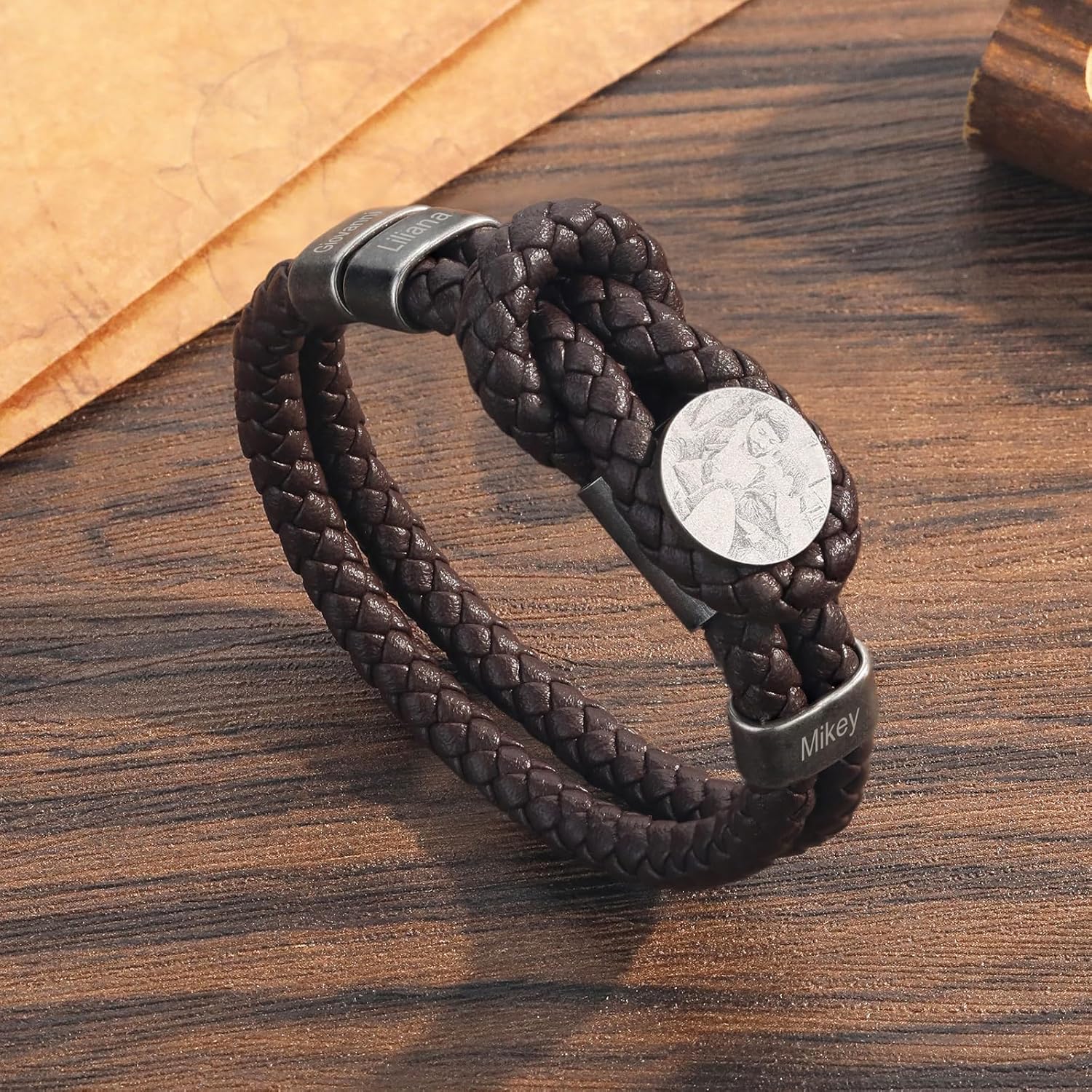 ROSI Personalised Photo Leather Bracelet for Men Women, Black Braid Leather Father Bracelet with 2-6 Names, Customized Beaded Engraved Name ID Bracelet Gift for Mom Dad Boyfriend Husband Men