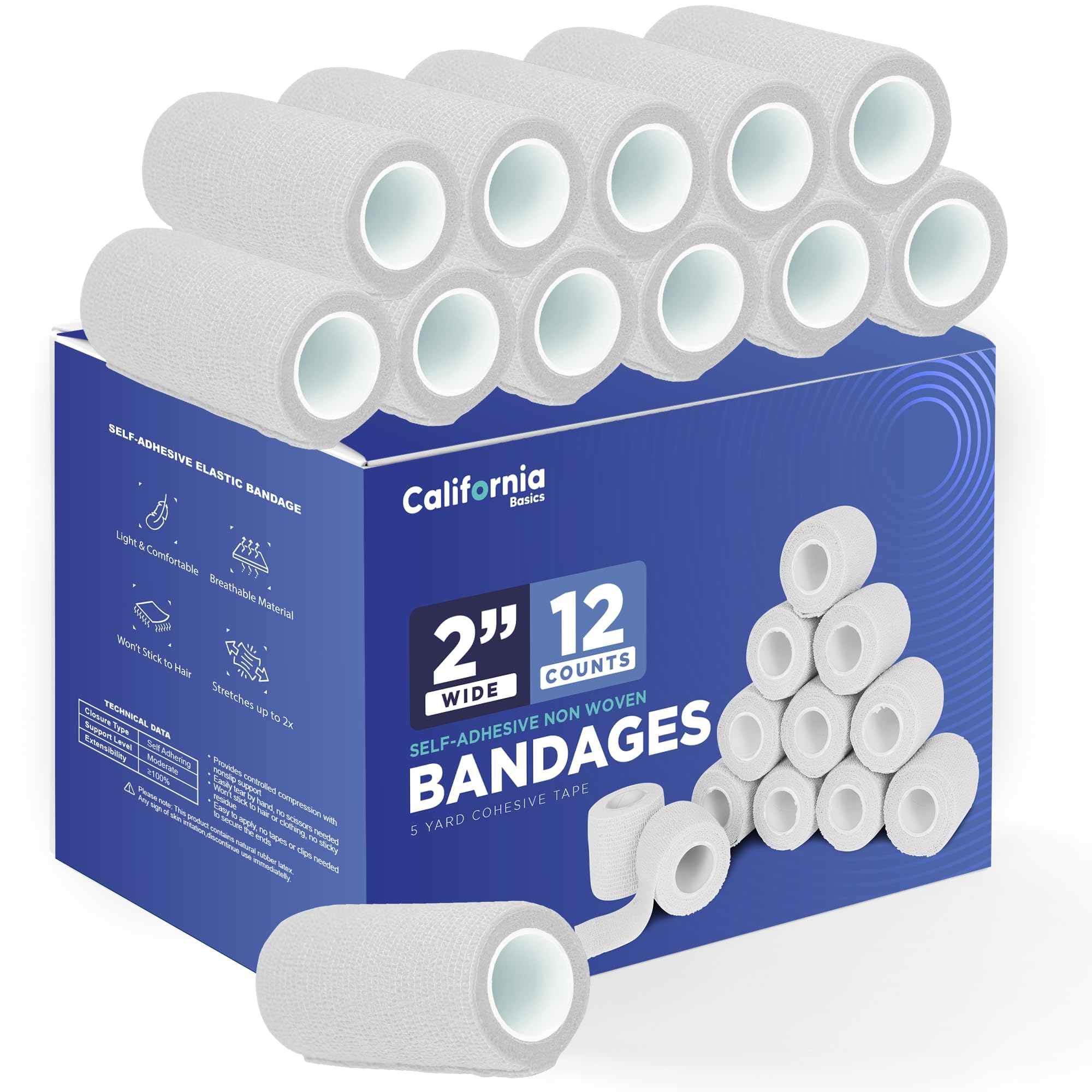 California Basics Self Adhesive Bandage Wrap - Self Adhering Non Woven Cohesive Bandage Rolls - Stretch Wrap - Multi Colored Athletic Tape for Wrist - Waterproof (2 inch- 12 Pack- White)