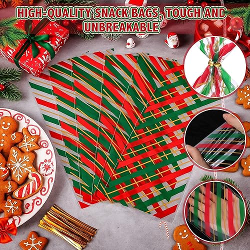 Miniatura 10 de HESTYA 50 bolsas de celofán transparentes de Navidad de 5 x 11 pulgadas, bolsas de almacenamiento con patrón de bloque para dulces para regalos