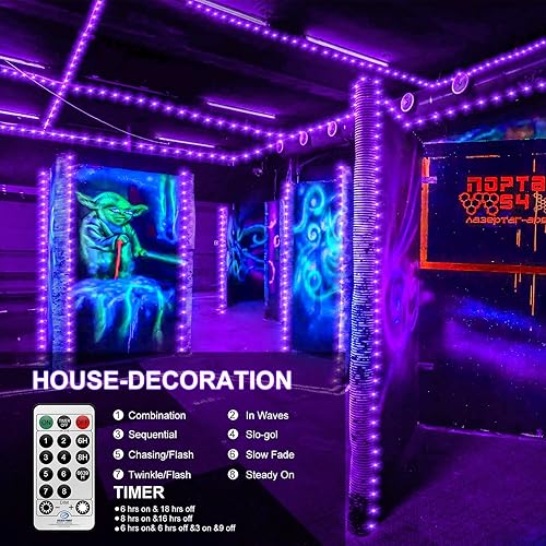 Miniatura 2 de Tira de luces UV de Navidad, 66 pies, 200 luces LED ultravioletas negras para exteriores e interiores, tira de luces de Navidad impermeables con