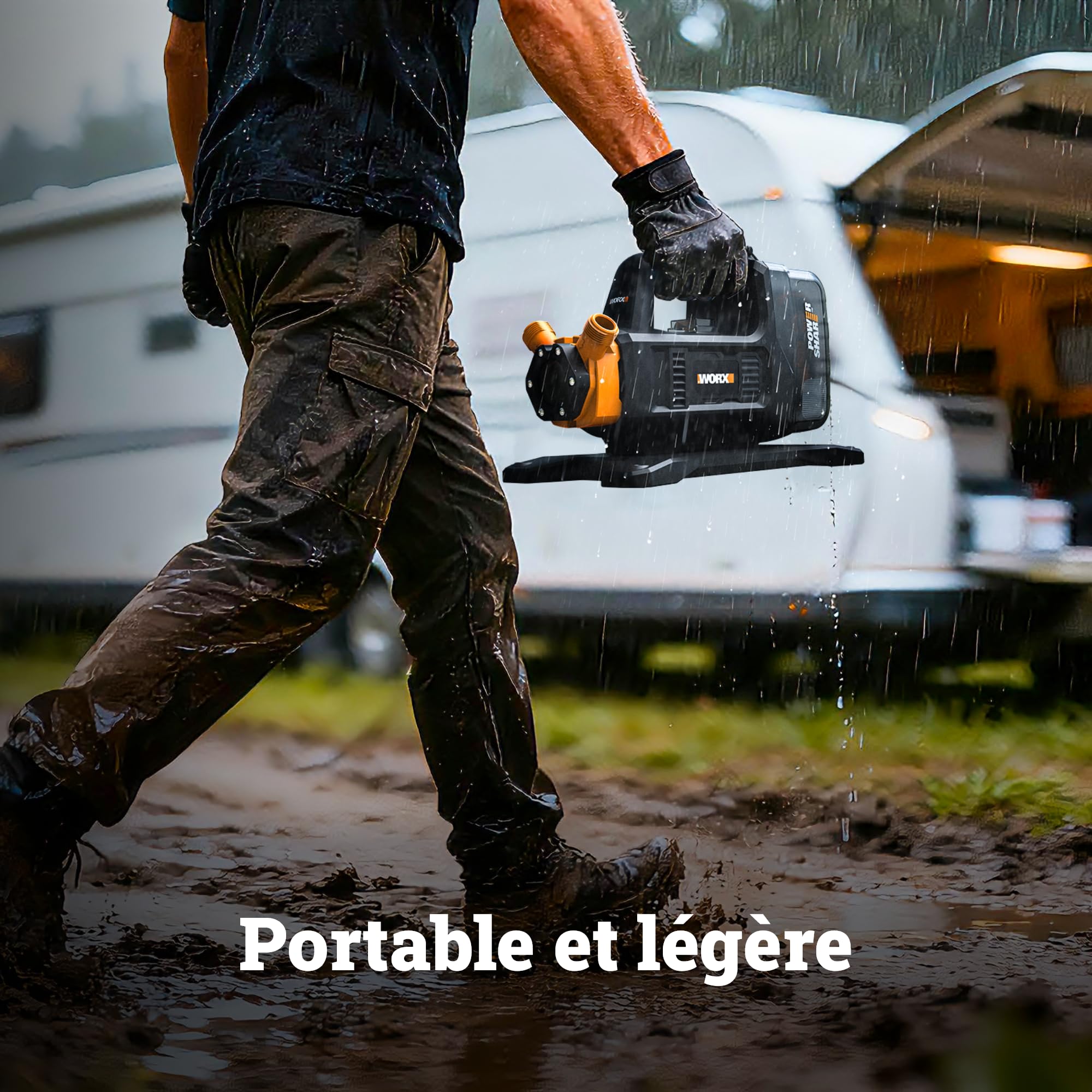 WORX Pompe de transfert sans fil 20V WG830E.9 | Débit jusqu'à 1300 l/h, fonctionnement sans amorçage, compacte et compatible PowerShare