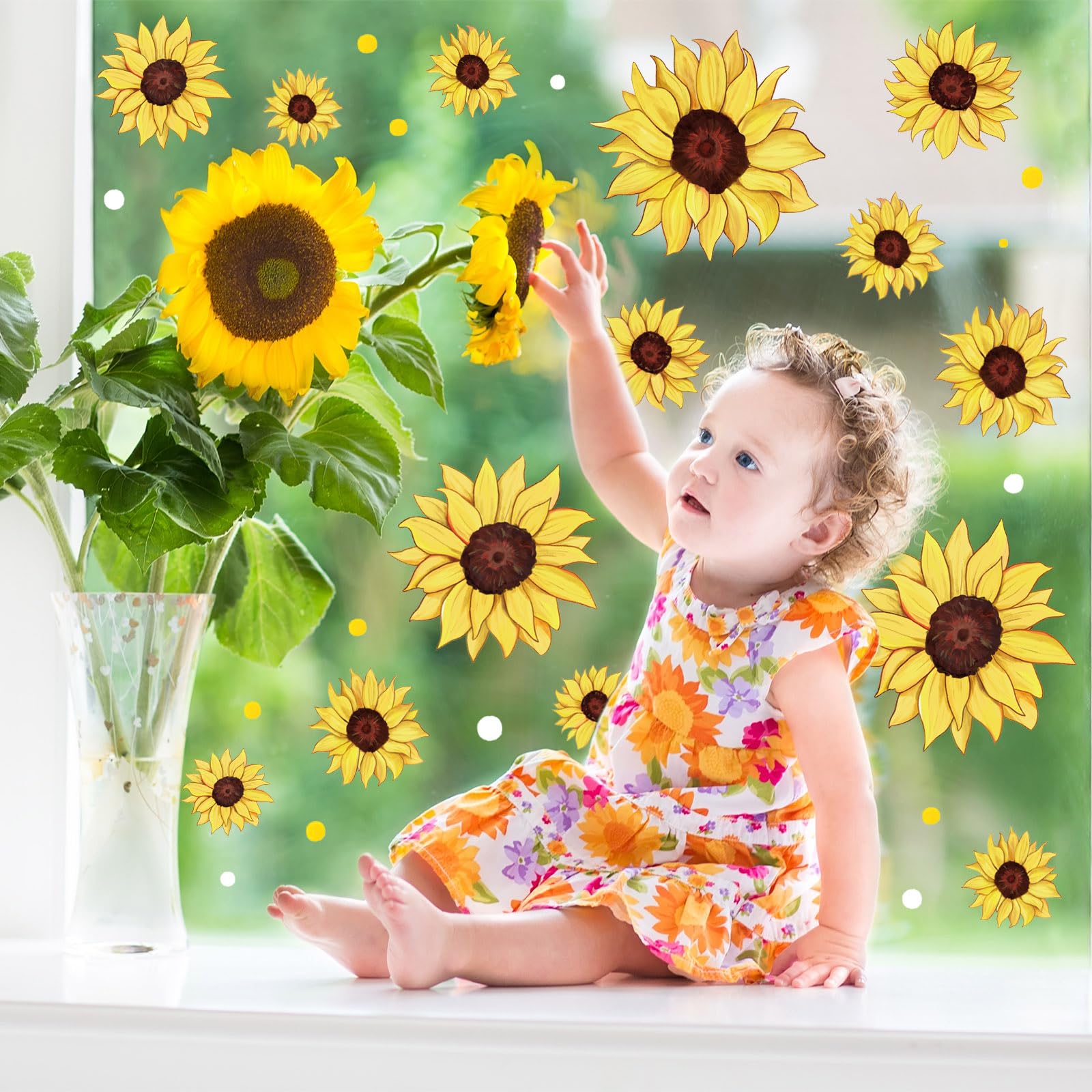 JarThenaAMCS Floral Window Clings Sunflower Window Decals Reusable Anti-Collision Summer PVC Stickers for Home Glass Mirror Decoration, 11.5 x 8.3 Inch, 9 Sheet