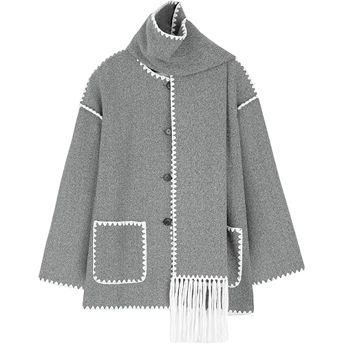 Yimoon Womens Embroidered Scarf Jacket Oversized Button Down Wool Blend Coat Causal Winter Outwear with Tassel Scarf(Grey-L)