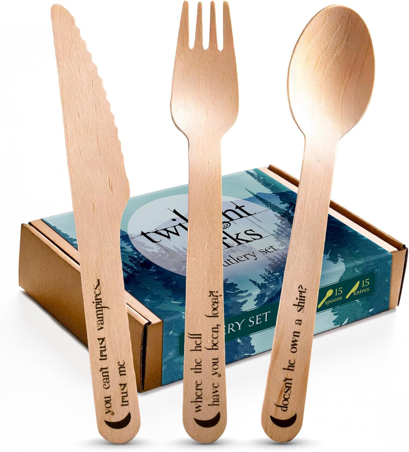 Twilight Forks Disposable Cutlery Set with Iconic Saga Quotes | 39pcs Twilight-Themed Birthday Party Supplies, Decorations, Favors | 13x Forks, Spoons, Knives