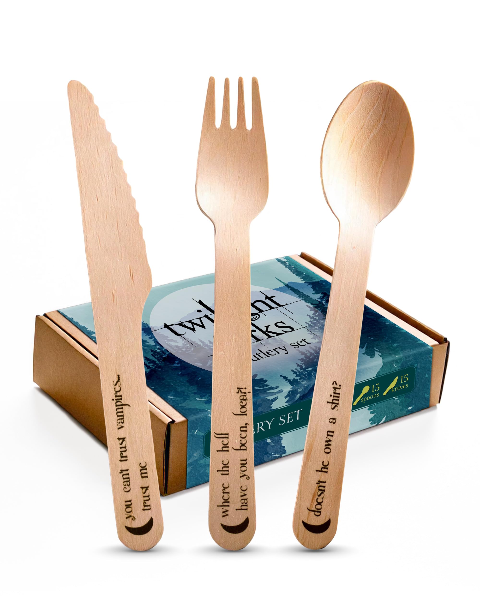 Twilight Forks Disposable Cutlery Set with Iconic Saga Quotes | 39pcs Twilight-Themed Birthday Party Supplies, Decorations, Favors | 13x Forks, Spoons