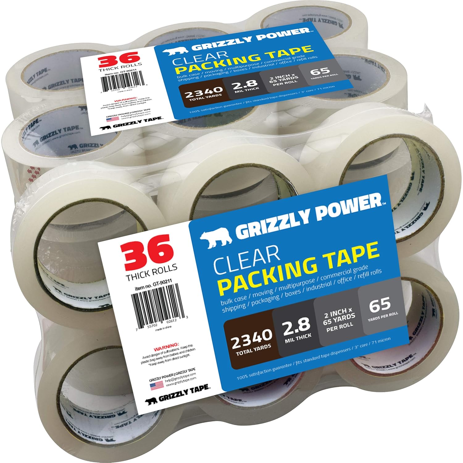 Grizzly Power Clear Packing Tape (36 Rolls) | Heavy Duty Packing Tape (2 Inch x 65 Yards), 3 Inch Core | 2.8mil Thick Strong Adhesive for Moving Boxes, Shipping Cartons, Office Use, Storage & Wrapping