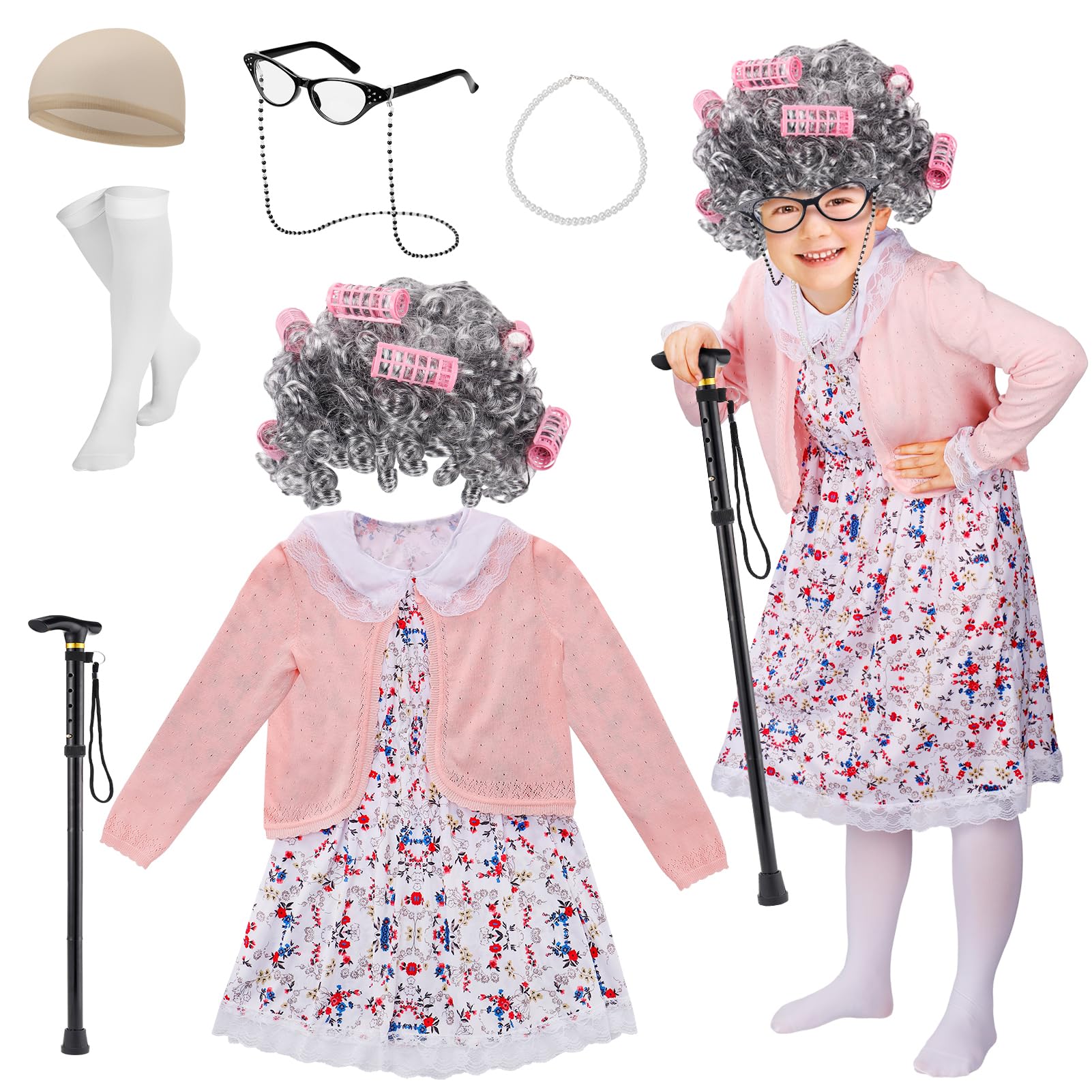 Cosweet Old Lady Costume for Girls, Grandma 100th Day of School Accessories for Kids 3-10 Years Cosplay Wig Dress up
