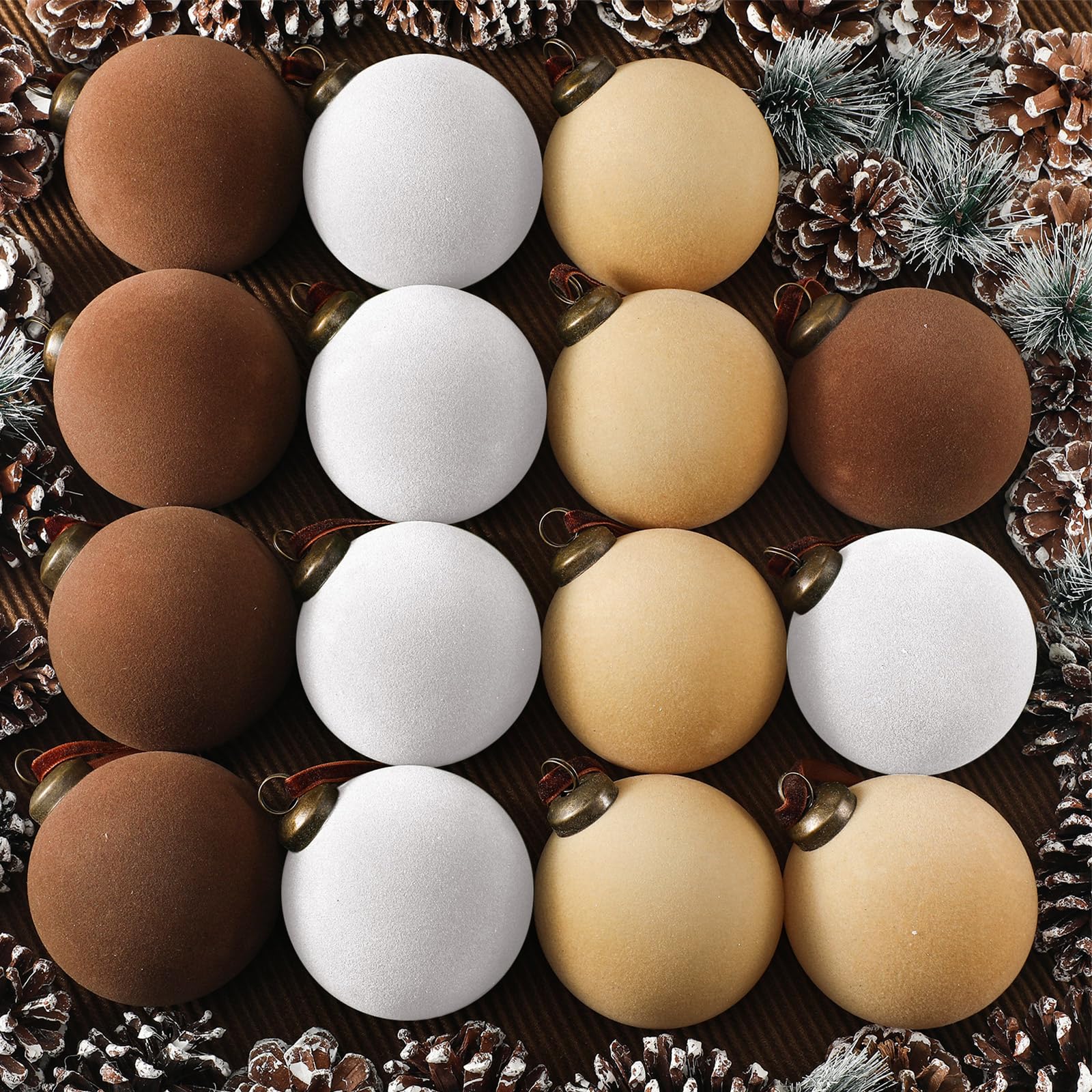 Liliful 15 Pcs Velvet Christmas Balls Bulk Flocked Christmas Tree Ball Ornaments Plastic Xmas Decorative Hanging Ornaments(Brown, Light Khaki, Beige,3.15 Inch)