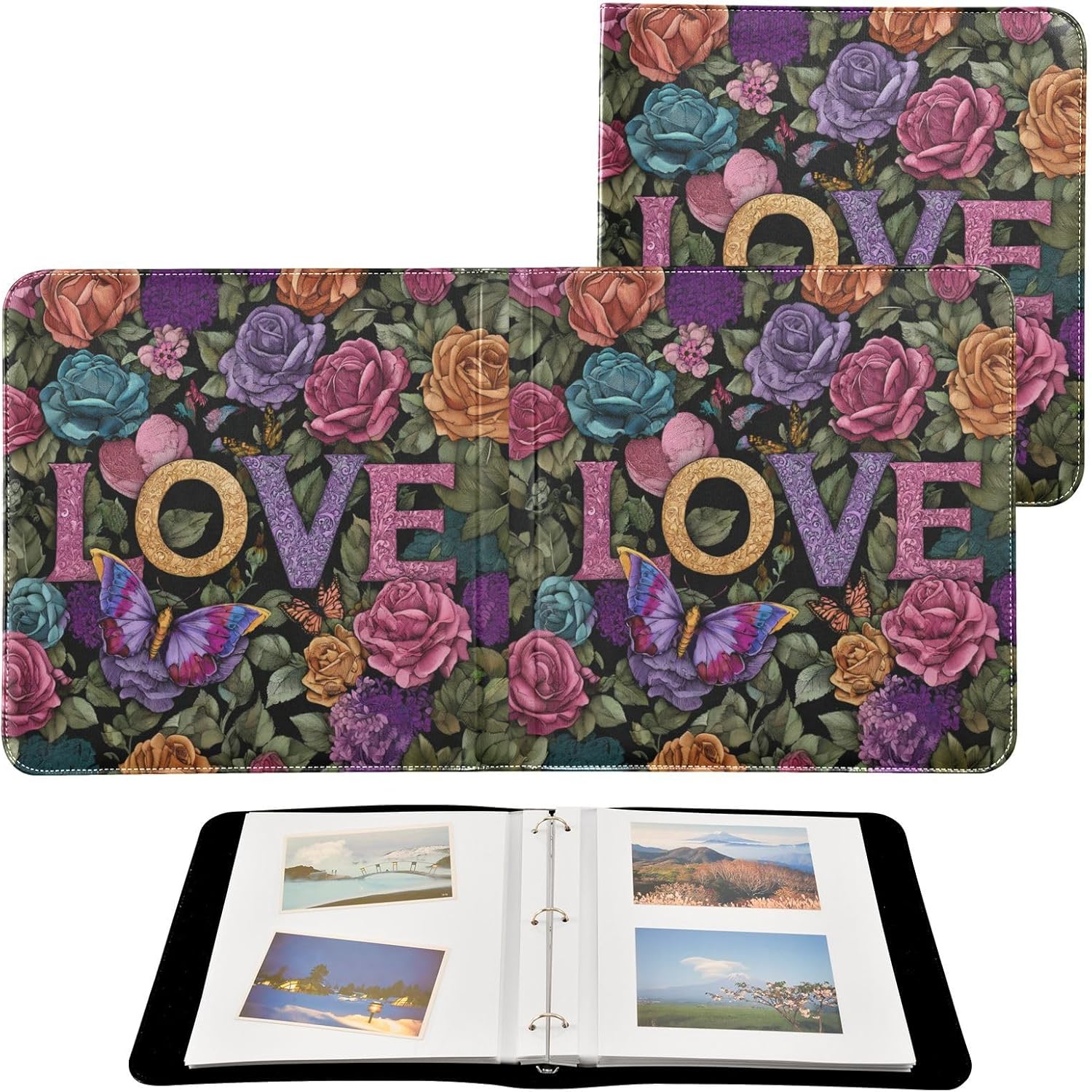 ALAZA Romantic Roses Butterfly Floral Photo Album Self Adhesive Scrapbook Album PU Leather Cover 3 Ring Binders Photo Book for Wedding Family Travel Memory